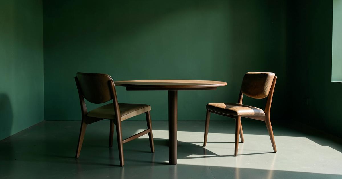 Deux chaises autour d'une table ronde, l'une rapprochée, l'autre écartée, dans une pièce vide