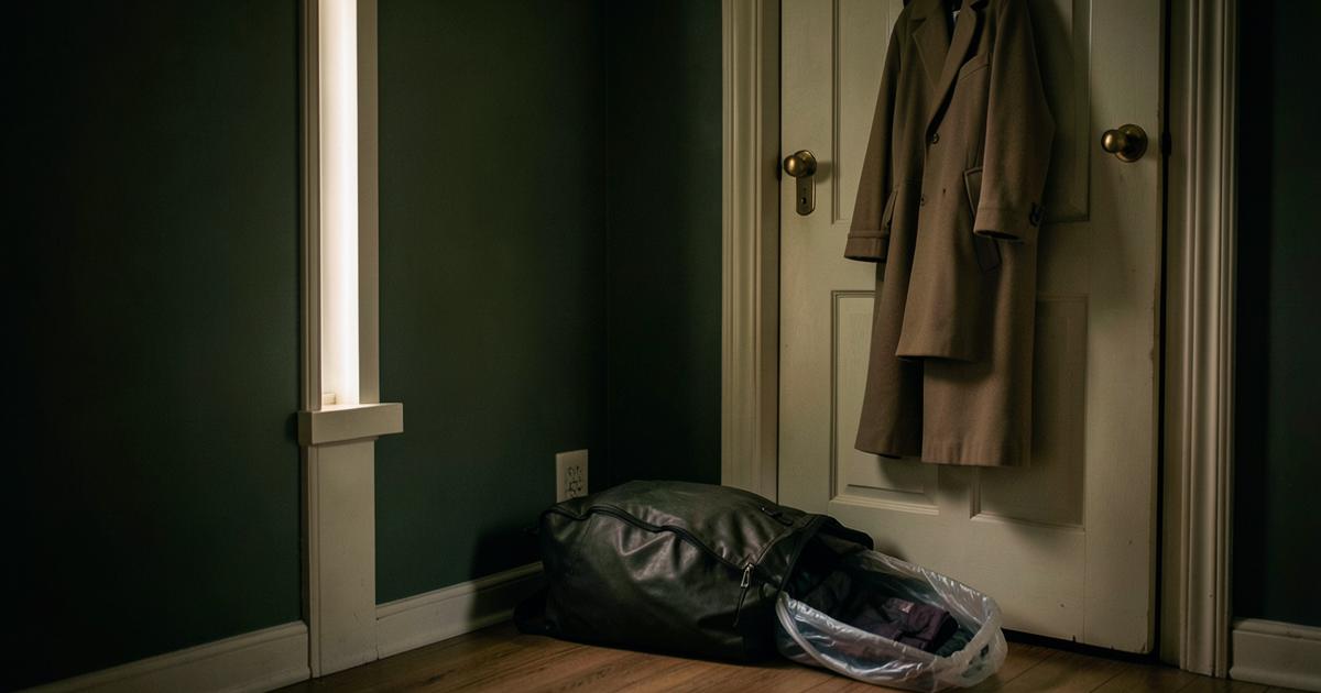 Manteau encore accroché derrière une porte et sac préparé posé au sol, dans une pièce sombre