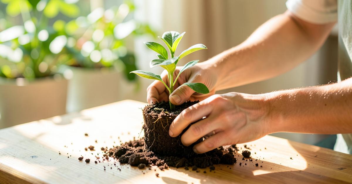 Mains rempotant une jeune plante sur une table baignée de lumière du matin