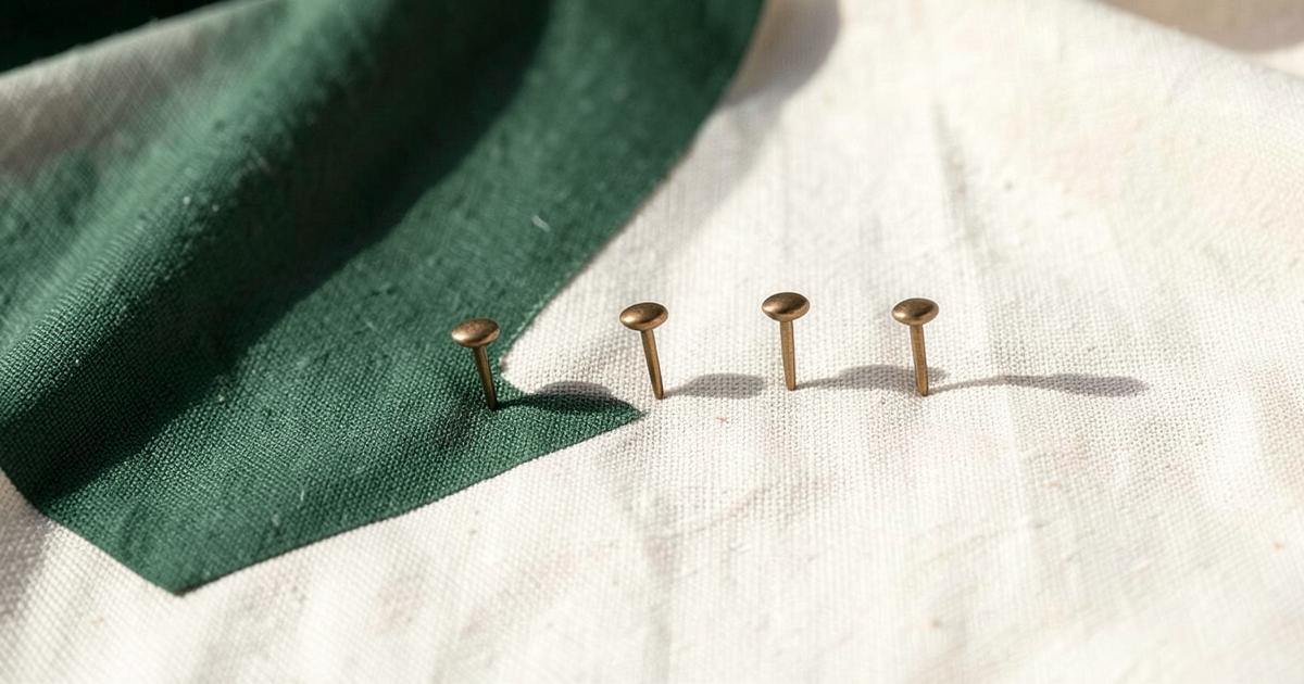 Petits clous de laiton alignés sur une toile de lin claire, à côté d'un tissu vert profond