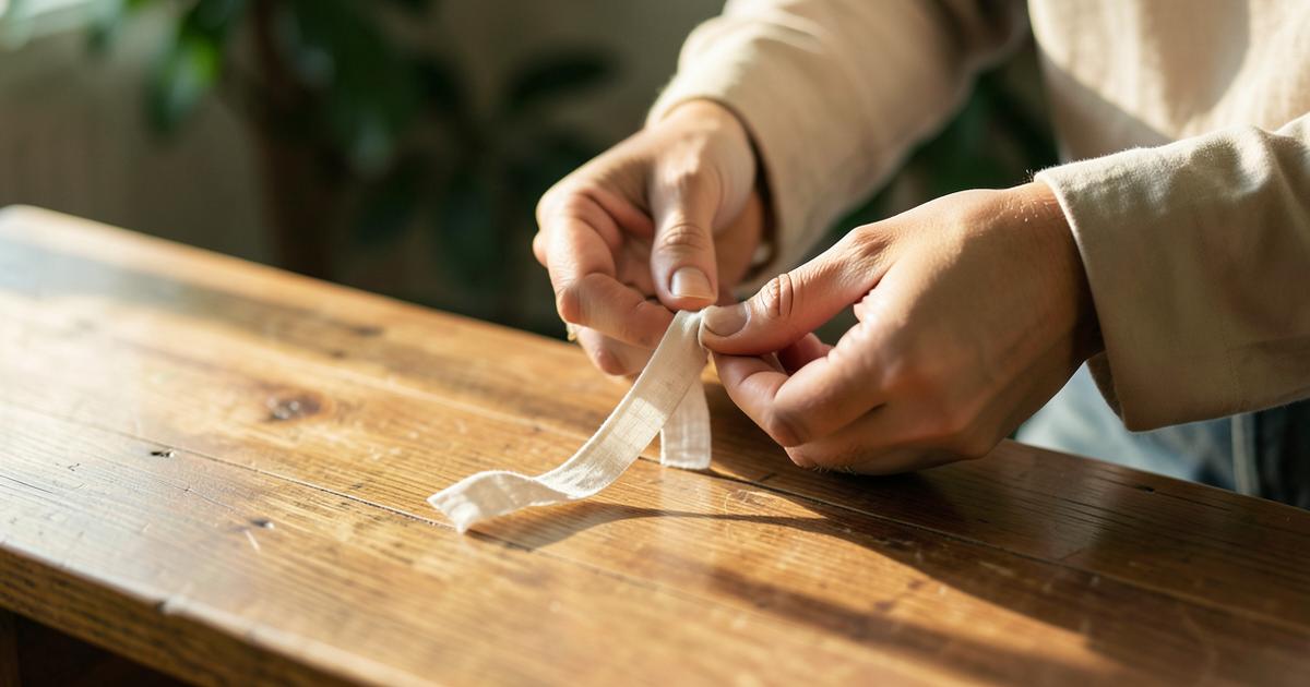 Mains défaisant doucement un nœud de lin sur une table en bois clair